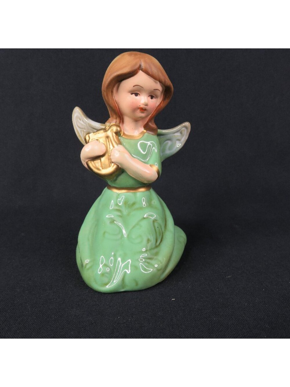 Pottery Christmas Angel with Lyre in Green Dress Brown Haired Kneeling Girl